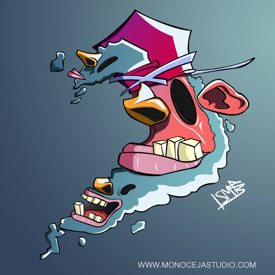 Stylised face made of fragmented colourful shapes.