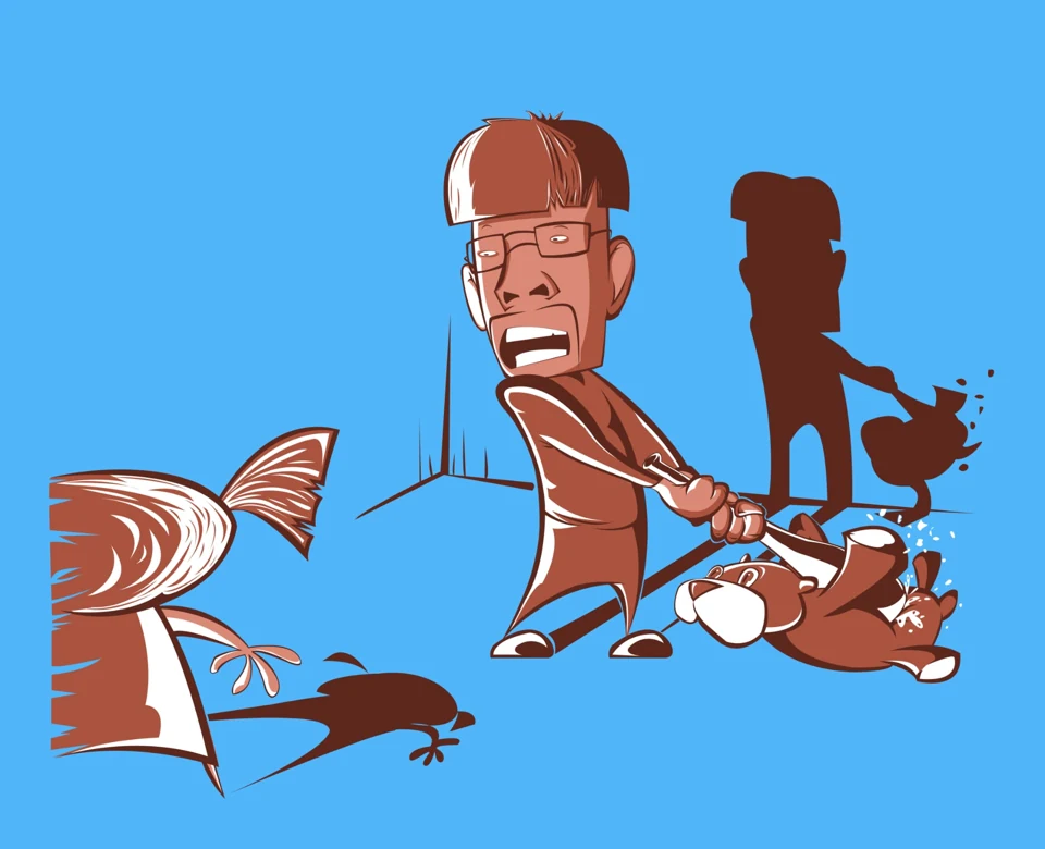 Character and fragmented shapes on a blue background.