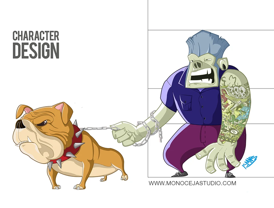 Green character and an ochre-coloured dog.
