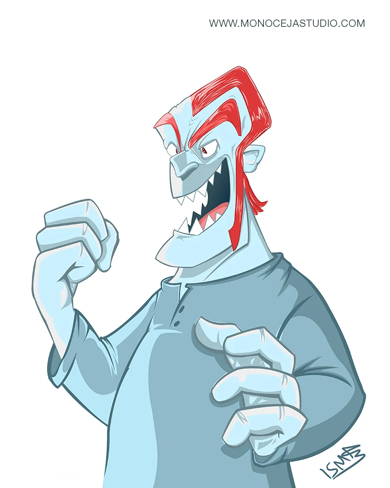 Blue-skinned character with red hair on white.