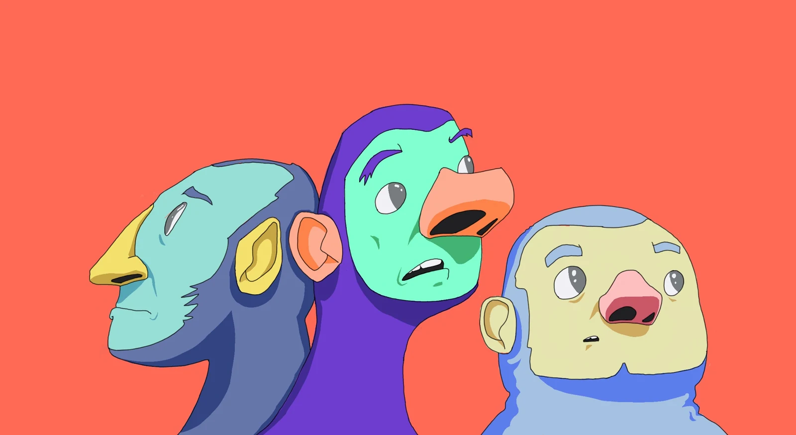 Three colourful character heads on a coral background.