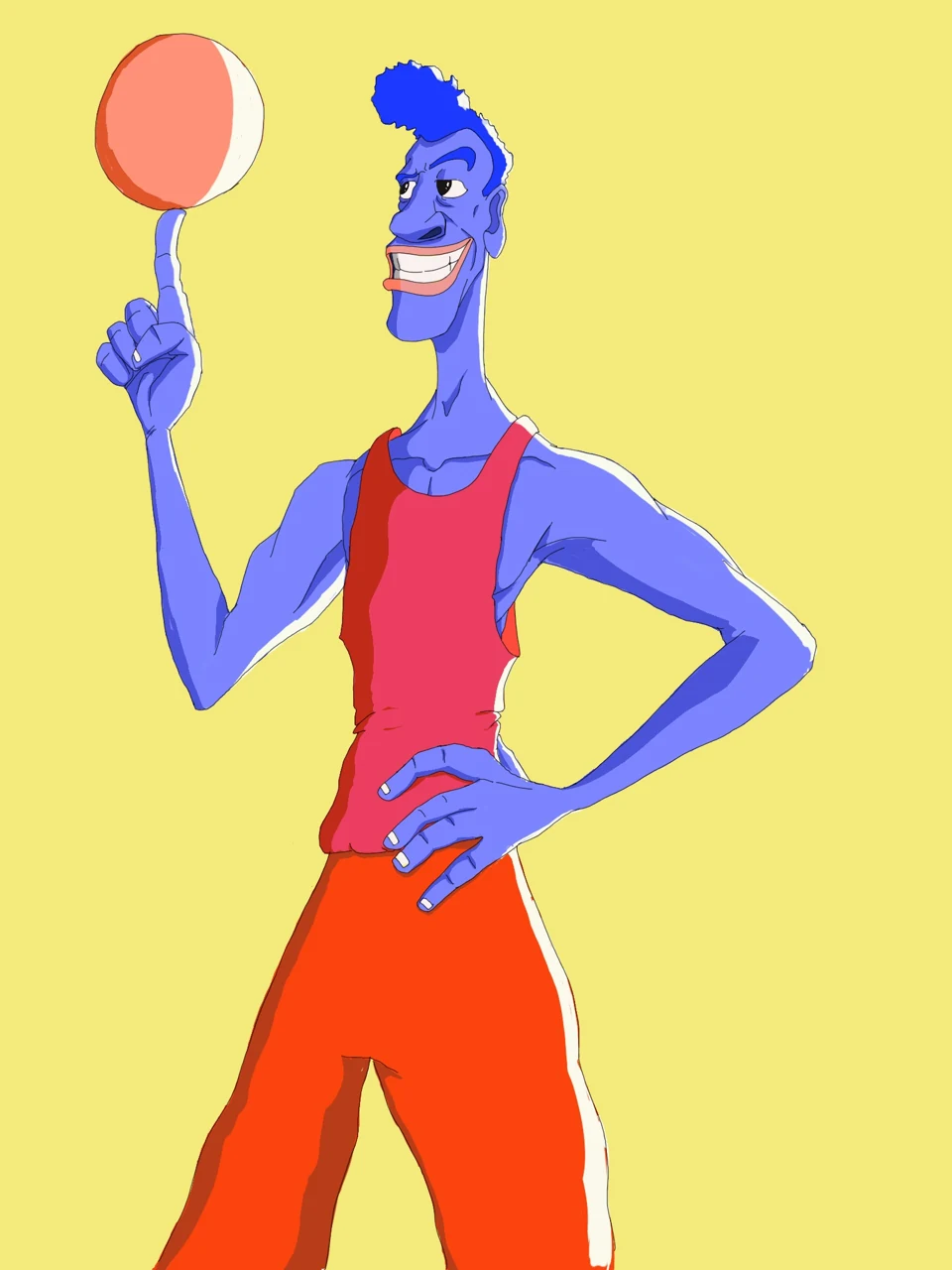 Character in red trousers holding a balloon on yellow.