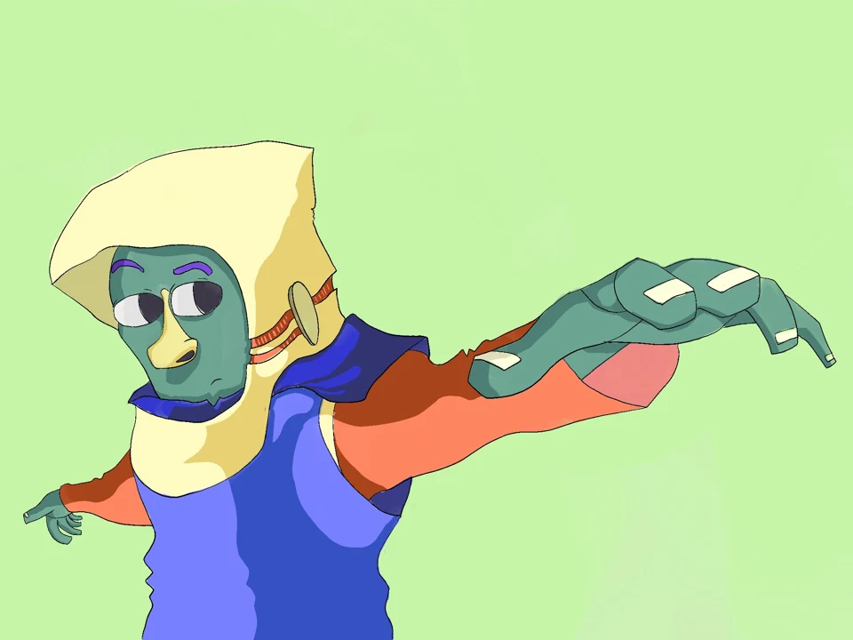 Fair-haired character with an outstretched arm on green.