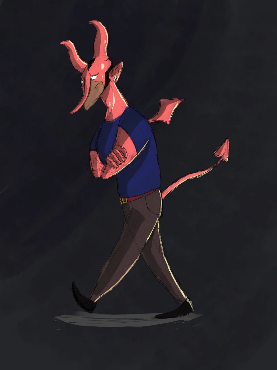 Long-horned character walking against a dark background.