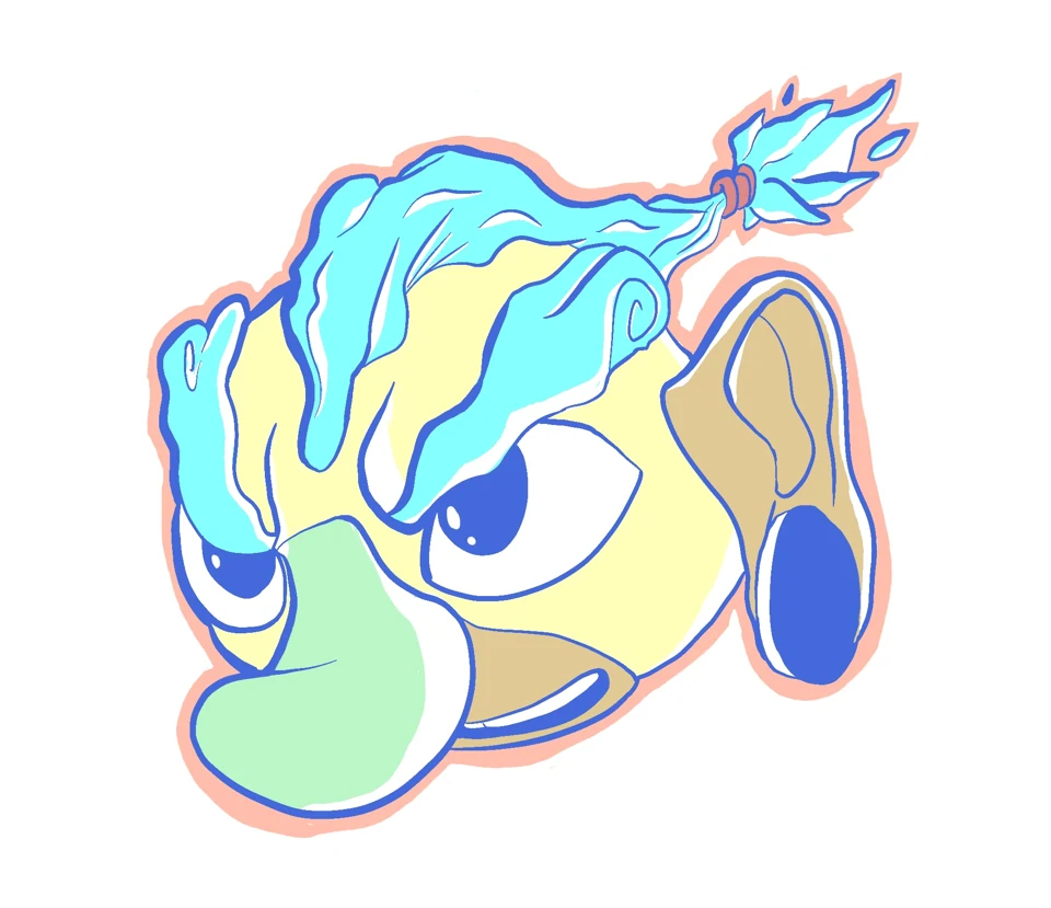 Wide-eyed character with headphones in bright colours.
