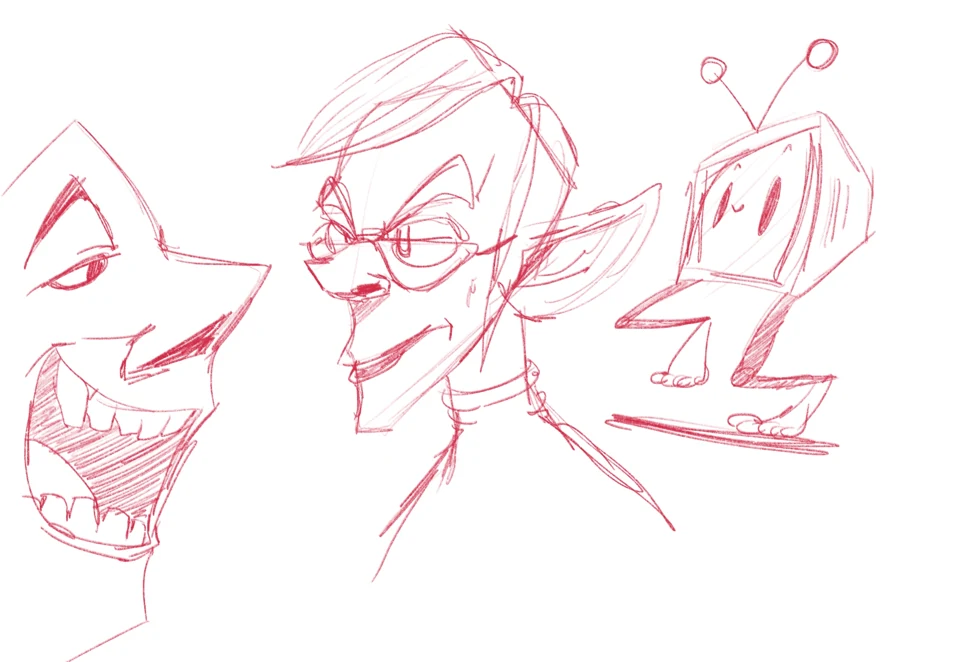 Red line sketches exploring character faces and expressions.