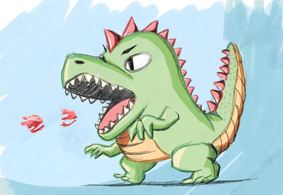 Green dinosaur with large teeth on a pale blue background.